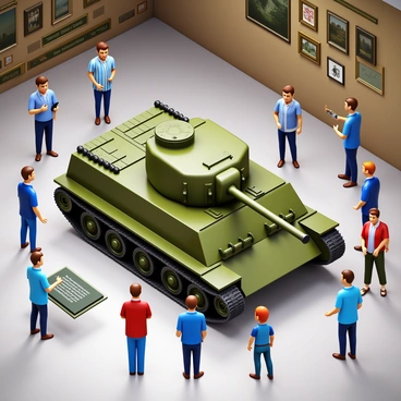 A restored panzer tank with a camouflage pattern, prominently displayed in a military museum. The tank features intricate details, including its turret and tracks. Surrounding the tank are several visitors, including men, women, and children, all observing the tank with interest. Some are taking photos, while others are reading information plaques nearby. The museum interior has high ceilings and military memorabilia on the walls, adding to the historical atmosphere.