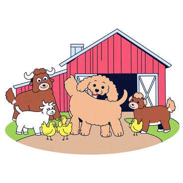A labradoodle with fluffy, curly fur in a light brown color stands in a barnyard. The dog has bright, expressive eyes and its ears are perked up in excitement. Surrounding the labradoodle are various farm animals, including a cheerful goat with white fur, a brown cow with large eyes, and a group of playful chickens with golden feathers. The barn in the background is made of weathered red wood, with a sliding door slightly ajar. The ground is a mix of dirt and patches of green grass. The scene captures the joyful interaction between the labradoodle and the farm animals.