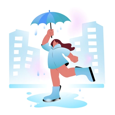 A girl is dancing joyfully with an umbrella open above her. She is wearing a colorful raincoat and rubber boots, splashing in puddles on a city street. The background features tall buildings with windows reflecting the soft gradient pastel colors of the sky. Raindrops are falling, creating ripples in the puddles around her. The umbrella is vibrant and contrasts with the muted tones of the rainy day.