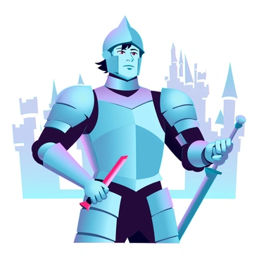 A strong knight with a polished armor that reflects light, standing confidently. The knight has a determined expression on their face, with short dark hair peeking out from beneath the helmet. In their right hand, they grip a dagger, carefully hidden behind their back, ready for action. The knight's left hand rests on the hilt of a sword sheathed at their side. The backdrop features a distant castle structure, indicating a battleground in a medieval-like futuristic setting. The atmosphere is tense, highlighting the moment before a confrontation.