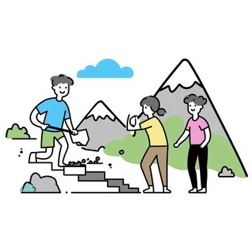 A team of three people is working on an eroded mountain trail. One person, wearing a blue shirt and green cargo shorts, is digging with a shovel. The second person, dressed in a red t-shirt and brown pants, is carrying a bucket of gravel. The third person, in a yellow jacket and black leggings, is leveling the ground with a rake. Tall mountains tower in the background, with patches of greenery and rocky outcrops. A clear blue sky above them complements the scene.