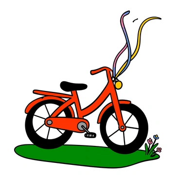 A bright red bicycle with shiny spokes and a sleek frame is parked on a grassy area. Colorful streamers in various shades of pink, blue, and yellow are flowing from the handlebars, dancing in the gentle breeze. The bike has a comfortable seat and a shiny bell. Sunlight glimmers off the bike’s surface, creating a vibrant atmosphere. A small patch of wildflowers is visible in the background, enhancing the playful scene.