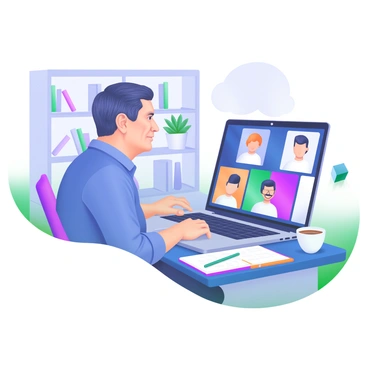 A modern pastel illustration depicting a leader sitting at a desk, engaged in a video call. The leader is a middle-aged person with short, dark hair, wearing a smart blue shirt. On the screen in front of them, several team members are visible, each in their own individual video boxes, with various expressions of focus and engagement. The background shows a neatly organized office space with a bookshelf and a potted plant. A notebook and a cup of coffee sit on the desk next to the laptop, enhancing the work environment feel.