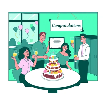 A teal office space is decorated with colorful streamers and balloons in the background. On a round white table, there's a delicious multi-tiered cake with "Congratulations" written in vibrant icing. Around the table, a group of cheerful colleagues, wearing smart-casual attire, are smiling and raising glasses filled with sparkling drinks. One colleague is holding a framed certificate, showcasing the achievement. A banner that reads "Celebrating Success" is hanging on the wall behind them.