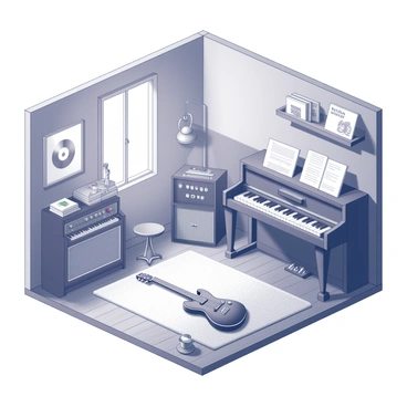 An isometric view of a room. The room features a cozy music corner filled with various musical instruments including a guitar resting against a vintage amplifier and a grand piano in the corner. There is a collection of records displayed on a wooden shelf. The lighting is soft and warm, creating an inviting atmosphere. The walls are adorned with music-themed artwork, and a plush rug covers the wooden floor in front of the instruments. A small table holds a few music books and a cup, adding to the charm of the space.