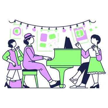 A pianist is seated at a grand piano, wearing a vintage hat that adds to the overall aesthetic. The pianist has a focused expression while playing, with fingers gracefully positioned over the keys. Surrounding the piano, there are retro-themed decorations, including old-fashioned posters and string lights that enhance the ambiance. A small crowd is gathered around, with a couple of people dancing nearby, capturing the lively spirit of the event. The scene is filled with various shades of green and purple, highlighting the vintage elements and the joyful atmosphere.