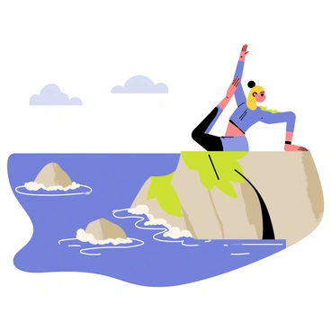 A person performing a yoga stretch on the edge of a rocky cliff. The individual is dressed in fitted athletic wear, with long hair tied back in a ponytail. The ocean below is a deep blue, with waves gently crashing against the rocks. Bright green vegetation adorns the cliffside, contrasting with the muted tones of the rocks. The sky above is clear with a few fluffy white clouds. The person's posture is focused and serene, embodying balance and tranquility in this breathtaking setting.