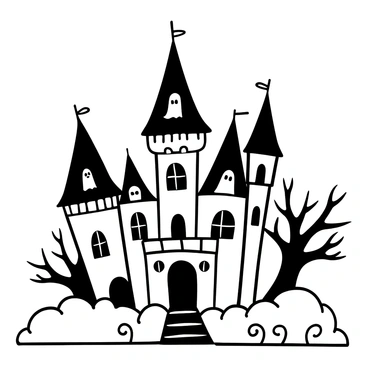 A large, spooky mansion standing tall with an ornate design, featuring tall spires and intricate carvings. The windows are slightly ajar, and friendly ghosts are peeking through them, their translucent forms softly visible against the backdrop of the mansion. The surrounding landscape includes twisted trees with gnarled branches and a stone pathway leading to the entrance. Wisps of fog curl around the base of the mansion, enhancing the eerie atmosphere while maintaining a charming allure.