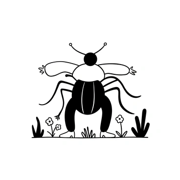 A human figure stands in a dynamic pose, beginning to take on characteristics of a giant insect. The upper body retains human-like features, while the lower half transforms into segmented exoskeleton, resembling that of a large beetle. Antennae sprout from the head, extending outward. The arms stretch outwards, transforming into long, delicate legs with jointed segments. Surrounding the figure, details of a natural environment, including grass and flowers, create contrast against the striking metamorphosis.