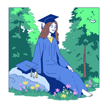 A graduate surrounded by nature, sitting on a rock with a cap on their knee