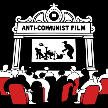 An old cinema building with an ornate marquee displaying the title of the "Anti-Communist Film." Inside, an audience is seated in vintage plush red chairs, their silhouettes engaged and attentive, reflecting the dramatic imagery projected on the large screen. The screen showcases intense scenes of conflict and resistance, with detailed shadows and light play. Above, the cinema's vintage chandelier casts a soft glow on the audience, enhancing the atmosphere of concentration and intrigue.