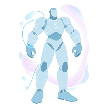 A human figure stands confidently, showcasing intricate mechanical parts and visible circuitry throughout its body. The figure's limbs are partially robotic, with sleek metal joints and wires that twist elegantly along the arms and legs. Bright lights blink rhythmically from within the circuitry, casting a soft glow. The figure is adorned with a flexible armor that blends seamlessly with the mechanical components, emphasizing a blend of technology and humanity. The background features an abstract arrangement of geometric shapes in gradient pastel colors, enhancing the futuristic theme.