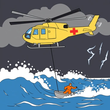A large helicopter with a bright yellow body and a red cross symbol on the side hovers above turbulent ocean waves. The helicopter's rotors are spinning rapidly, creating a dynamic scene. Below, dark storm clouds gather in the sky, with occasional flashes of lightning illuminating the scene. The ocean is choppy, with large waves crashing and splashing. A rescue swimmer in a bright orange suit is suspended from a rescue line, reaching down toward a small boat struggling in the rough waters. The atmosphere is filled with action and urgency as the helicopter and swimmer work together in the dramatic setting.
