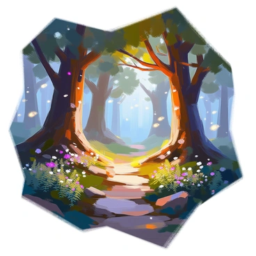 A mystical forest is depicted with towering trees that have twisting branches and lush green foliage. The scene is illuminated by numerous glowing fireflies that light up the surroundings, creating a magical ambiance. In the midst of the trees, there is a hidden path that winds gently through the underbrush, partially obscured by ferns and wildflowers. The path appears inviting, leading deeper into the enchanting woods, while the soft glow of the fireflies adds a whimsical touch to the atmosphere.
