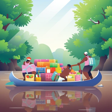 A bustling trade boat is navigating through the Congo River, surrounded by lush green foliage and towering trees on either side. The boat is filled with various goods, including colorful fabrics, crates of fruits, and baskets of spices, all secured tightly to prevent them from falling overboard. There are several individuals on the boat, some managing the cargo while others are steering the boat. The water of the river is a deep brown, reflecting the vibrant greenery above. Sunlight streams through the leaves, casting dappled shadows on the boat and the water below. In the distance, the sound of wildlife can be heard, creating a lively atmosphere.