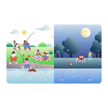 A riverbank with one side full of daytime activity and the other side calm under moonlight