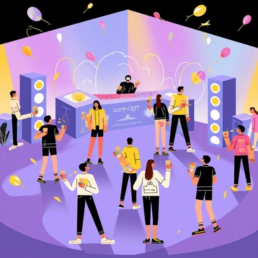 A futuristic party scene with vibrant lights and electronic music elements