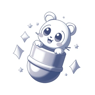 A cartoon animal with oversized eyes and a playful expression is emerging from a gacha capsule that is half open. The capsule is round and glossy, with a shiny surface reflecting light. The animal has fluffy fur and a small, happy smile. Surrounding the capsule are numerous sparkling shapes, creating a sense of excitement and joy in the atmosphere. Several stars and simple geometric forms are arranged around the scene, enhancing the cheerful ambiance.