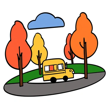 A small yellow school bus driving down a winding road. The road is bordered by tall trees with leaves in vibrant shades of orange, red, and yellow, showcasing the beauty of autumn. The bus is moving forward, with its headlights on and a few clouds in the blue sky above. The scene is filled with the warm glow of the autumn sun filtering through the foliage.