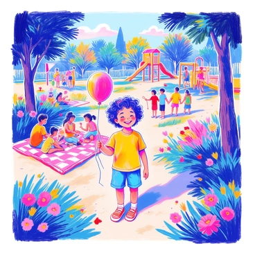A child with short curly hair is holding a "rainbow-colored balloon" in one hand, while smiling broadly. The child is wearing a bright yellow t-shirt and blue shorts. Surrounding the child, there are various "diverse families" enjoying the park. Some families are having a picnic on a checkered blanket, while others are playing catch or flying kites. Lush green trees provide shade throughout the park, and colorful flowers bloom along the pathways. In the background, a playground with children climbing and sliding can be seen.