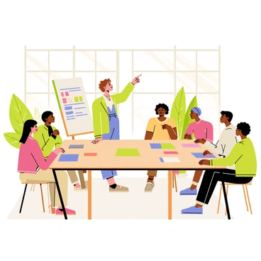 A fashion designer with short brown hair is standing at a whiteboard, pointing at a diagram of different sustainable fabric options. The designer is wearing a stylish outfit composed of eco-friendly materials. Around the designer, several diverse individuals are seated at a rectangular wooden table, engaged in discussion. The office is decorated with potted plants and green accents on the walls, creating a fresh atmosphere. Sunlight streams through large windows, illuminating various fabric swatches laid out on the table.