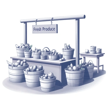 A rustic farm market scene is depicted. The market features numerous woven baskets filled with an assortment of fresh produce, including vegetables and fruits. Some baskets are overflowing, showcasing vibrant produce. A wooden sign hangs overhead, displaying "Fresh Produce" in a bold font. The market is set in an open area, with wooden tables displaying more items and a dirt path leading into the background. The atmosphere conveys a sense of abundance and connection to nature.