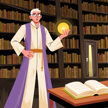 A scholar with glasses and a long flowing robe stands in front of towering bookshelves filled with ancient tomes. The scholar holds a glowing orb in one hand, illuminating the dusty library filled with scrolls and parchment. A large, ornate book lies open on a wooden table, emitting a faint magical light. In the background, a hidden door slightly ajar reveals a faint shimmering glow, hinting at the secret passage waiting to be unlocked. The atmosphere is filled with an aura of mystery and adventure.