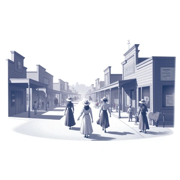 A busy old Western town with wooden buildings lining the streets. The architecture features saloons with swinging doors, a general store with a porch, and a sheriff's office with a wanted poster on the wall. Several women are strolling down the dirt road, wearing period dresses that flow with their movements. Some have wide-brimmed hats adorned with ribbons, while others carry small parasols for shade. The town has a lively atmosphere, with children playing nearby and a horse tied to a post in front of the saloon. Dust swirls gently in the air as the sun casts shadows from the buildings.