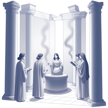An ancient temple interior with towering marble columns and intricate carvings on the walls. In the center, "The Oracle of Delphi" is seated on an elevated platform, looking focused and contemplative. She wears flowing robes that drape elegantly around her. Surrounding her are several priestesses, each adorned in similar garments, who are listening intently. Some are holding scrolls or tablets, ready to record the prophecy being delivered. Incense smoke rises in the air, adding an atmosphere of mystique to the scene. The light filters through openings in the structure, casting soft shadows on the ornate floor beneath them.