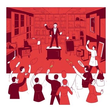 A red auction house filled with rows of antique furniture and decorative items. In the center, a fast-talking auctioneer stands on a small raised platform, gesturing animatedly as he calls out prices. His suit is a sharp contrast to the surroundings, emphasizing his presence. Surrounding him, multiple bidders are raising their paddles, showcasing a variety of colors in their designs. Some bidders look eager and excited, while others appear deep in concentration. The atmosphere is filled with anticipation as items are being auctioned off one by one.