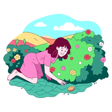 A vibrant scene depicting a character searching for a lost coin. The character, a cheerful woman dressed in a pink dress, is kneeling on a teal cobblestone path. She is peering underneath a bush with bright green leaves. Surrounding her is a variety of colorful flowers, with petals in red and yellow, adding to the lively atmosphere. In the background, there are rolling hills painted in soft colors, with a blue sky overhead, dotted with fluffy white clouds. The lost coin is partially visible on the ground, glinting in the sunlight, drawing the viewer's attention to the search.