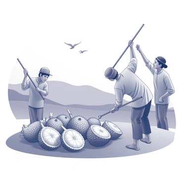 Several farmers are harvesting durians in a lush landscape. The farmers, dressed in traditional clothing, are carefully plucking ripe durians from the trees. Some of them are using long poles with hooks to reach the fruit high in the branches. The foreground features piles of durians on the ground, their spiky shells clearly visible. In the background, there are rolling hills and a clear sky, enhancing the sense of abundance during the peak of durian season. A few birds can be seen flying above, adding to the lively atmosphere of the harvest.