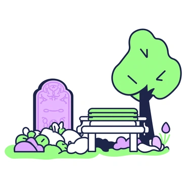 A bench is positioned beside a tombstone in a serene outdoor setting. The bench is made of weathered wood, with intricate carvings on its armrests. The tombstone is elegantly shaped, featuring engraved text and floral motifs. Surrounding the bench and tombstone, there is a patch of soft grass and a few small wildflowers. The scene invites reflection, with a gently swaying tree nearby that provides some shade.
