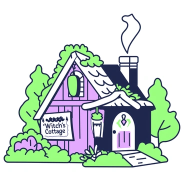A cozy witch's cottage sits nestled among trees. The structure is made of wood with a thatched roof. Smoke is curling from the chimney, creating a gentle upward trail. Herbs are hanging to dry from hooks on the porch and from wooden beams above the door. In the foreground, a small garden is visible with various plants, while a stone pathway leads to the entrance. A wooden sign with the words "Witch's Cottage" hangs near the door.