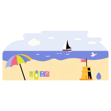 A cartoon-style illustration of a seaside scene. The image includes bright blue waves crashing against a golden sandy beach. The sky is painted in soft pastel colors, with fluffy white clouds scattered across it. In the foreground, there are beach towels and colorful umbrellas lining the shore. A few seagulls are flying above the water, and a small sandcastle with a flag stands proudly on the beach. In the distance, a sailboat glides smoothly across the ocean.
