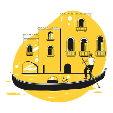 A gondola with a sleek, elongated shape gliding smoothly through the calm waters of a canal. The gondolier, wearing a black shirt and straw hat, is skillfully maneuvering the boat with a long pole. Surrounding the canal are tall, historic buildings with intricate architectural details, featuring arched windows and balconies adorned with plants. The surface of the water reflects the delicate outlines of the buildings, while a soft ripple is created by the movement of the gondola. The scene captures the essence of Venice's rich history and its picturesque waterways.