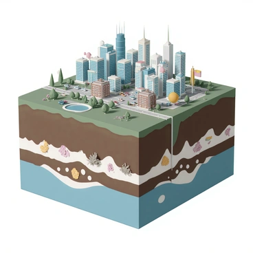 A detailed 3D render of a bustling city, showing various skyscrapers, busy streets filled with cars and pedestrians. The cityscape is vibrant with colorful billboards and greenery such as trees and parks. Below the surface, a cutaway view reveals layers of the Earth's crust, showcasing soil, rocks, and mineral formations. The contrast between the lively urban environment above and the geological structures below is clearly visible, with each layer meticulously detailed.