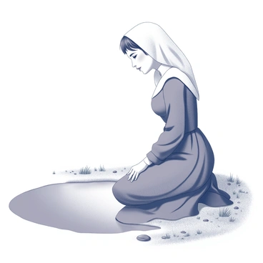 A handmaid kneels beside a puddle, gazing intently at her reflection. She wears a traditional, modest dress that drapes elegantly around her. The fabric shows folds and textures, emphasizing the simplicity of her attire. Her hair is neatly tucked under a plain head covering, framing her face softly. The surface of the puddle reflects her expression of contemplation, highlighting her thoughtful gaze. Surrounding her is a muted, natural landscape with grass and scattered stones, contributing to the atmosphere of introspection.