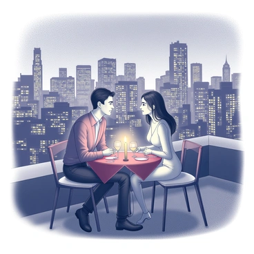 A couple is seated at a small, elegantly set table on a rooftop. The table is adorned with a flickering candle and is surrounded by various romantic touches such as a red tablecloth and fine dining utensils. The couple, a man and a woman, are gazing into each other's eyes, clearly engaged in conversation. The city skyline is visible in the background, with numerous buildings illuminated by lights, creating a vibrant contrast against the night sky. The overall atmosphere is intimate and cozy, enhanced by the soft glow of the candlelight illuminating their faces.