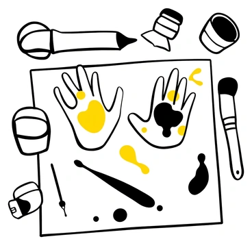 A child's hands covered in various colors of paint, playfully messy