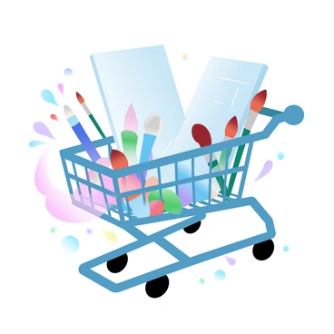 A shopping cart is transformed into a mobile art station. The cart is filled with an array of vibrant paint tubes and an assortment of brushes in various sizes. On one side of the cart, there are canvases propped up ready for painting. Colorful splatters of paint are scattered around the cart, showcasing a lively artistic atmosphere. A few sketchbooks are placed on top of the cart, inviting creativity. Surrounding the cart, there are empty spaces suggesting the potential for more artistic tools and materials.