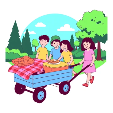 A group of kids pushing a wagon filled with picnic supplies in a park.