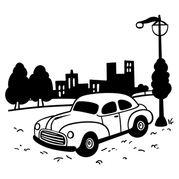 A classic car with distinct curves and vintage features parked beside a tall streetlamp. The streetlamp emits a soft glow, casting shadows on the pavement. Surrounding the car, the ground is depicted with a rough texture, enhancing the nighttime atmosphere. The background is filled with simple outlines of buildings and trees, adding depth to the scene. The overall composition captures the essence of a quiet night.