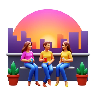A group of three friends sitting together on an urban rooftop, engaged in conversation. They are relaxed and smiling, enjoying the moment. The sky is filled with vibrant hues of orange, pink, and purple as the sun sets in the background. The city skyline is visible, with tall buildings silhouetted against the colorful sky. The friends have drinks in their hands, and there are potted plants around them, adding a touch of greenery to the urban setting.