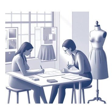 Two fashion designers are working together in a creative workshop. One designer is sketching a new skirt design on a large drafting table, with a pencil in hand and various swatches of fabric scattered around. The second designer is examining a sample skirt hanging on a nearby mannequin, taking notes on a notepad. The walls of the workshop are adorned with mood boards showcasing different fabric patterns and colors. Natural light floods the room through large windows, creating an inspiring atmosphere for their collaboration.