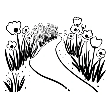 A winding garden path stretches through a lush landscape, bordered by numerous "poppies in full bloom." The path is flanked by clusters of "poppies," their delicate petals fully opened and prominently displayed. The ground is a mix of gravel and soil, leading the viewer's eye deeper into the garden. Gentle curves in the path create a sense of movement, inviting exploration. Each "poppy" stands tall and vibrant, contributing to the natural beauty of the scene.