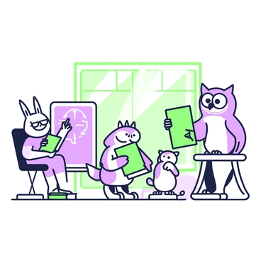 A classroom setting features various animals engaged in learning activities. In the front, a wise owl wearing glasses is perched on a desk, examining a green syllabus with its talons. To the left, a curious rabbit is sitting in a chair, attentively listening and taking notes with a green pencil. A cheerful fox stands beside a blackboard, pointing with its paw at a purple diagram. In the back, a group of playful squirrels are gathered around a table, discussing a purple book. Sunlight streams through the windows, illuminating the scene.