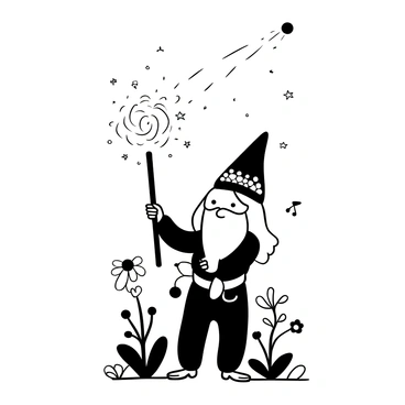 A garden gnome with a pointed hat and a long beard is standing on a patch of grass, holding a tiny wand. Swirling sparkles and magical trails are emanating from the wand, creating an enchanting display in the air. Surrounding the gnome are various colorful flowers and small plants, adding to the garden ambiance. The gnome's outfit is a traditional style with bright patterns, contrasting with the natural elements around. There are small stones and a few leaves scattered on the ground, enhancing the garden setting.
