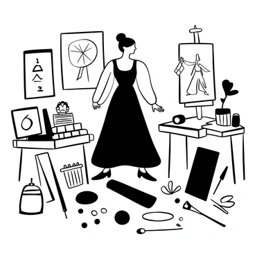 An artist's muse standing gracefully in a studio, adorned in a flowing dress. She is surrounded by various art supplies, including paintbrushes, tubes of paint, and charcoal sticks, all arranged neatly on a wooden table. Several sketches are spread around her, showcasing different poses and ideas. The lighting in the room highlights the intricate details of her figure and the textures of the art materials. A few framed sketches hang on the walls in the background, adding to the creative atmosphere.
