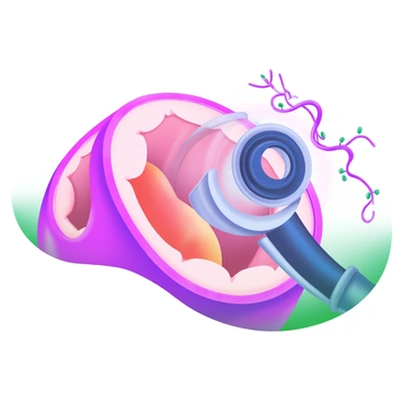 A detailed view of the inside of a human organ as seen through an endoscope. The image shows intricate textures and patterns of the organ's tissues, including varying shades of pink and red. Surrounding the endoscope are tiny blood vessels, with some highlighted in a deeper hue, illustrating their connections. A soft glow emanates from the endoscope's light source, illuminating the organ's surface and casting gentle shadows, enhancing the depth of the scene.